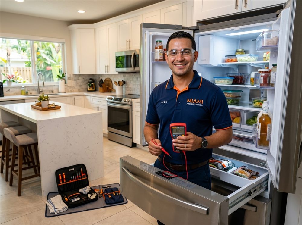TruePoint Home Appliance Care professional technician diagnosing refrigerator in Miami home